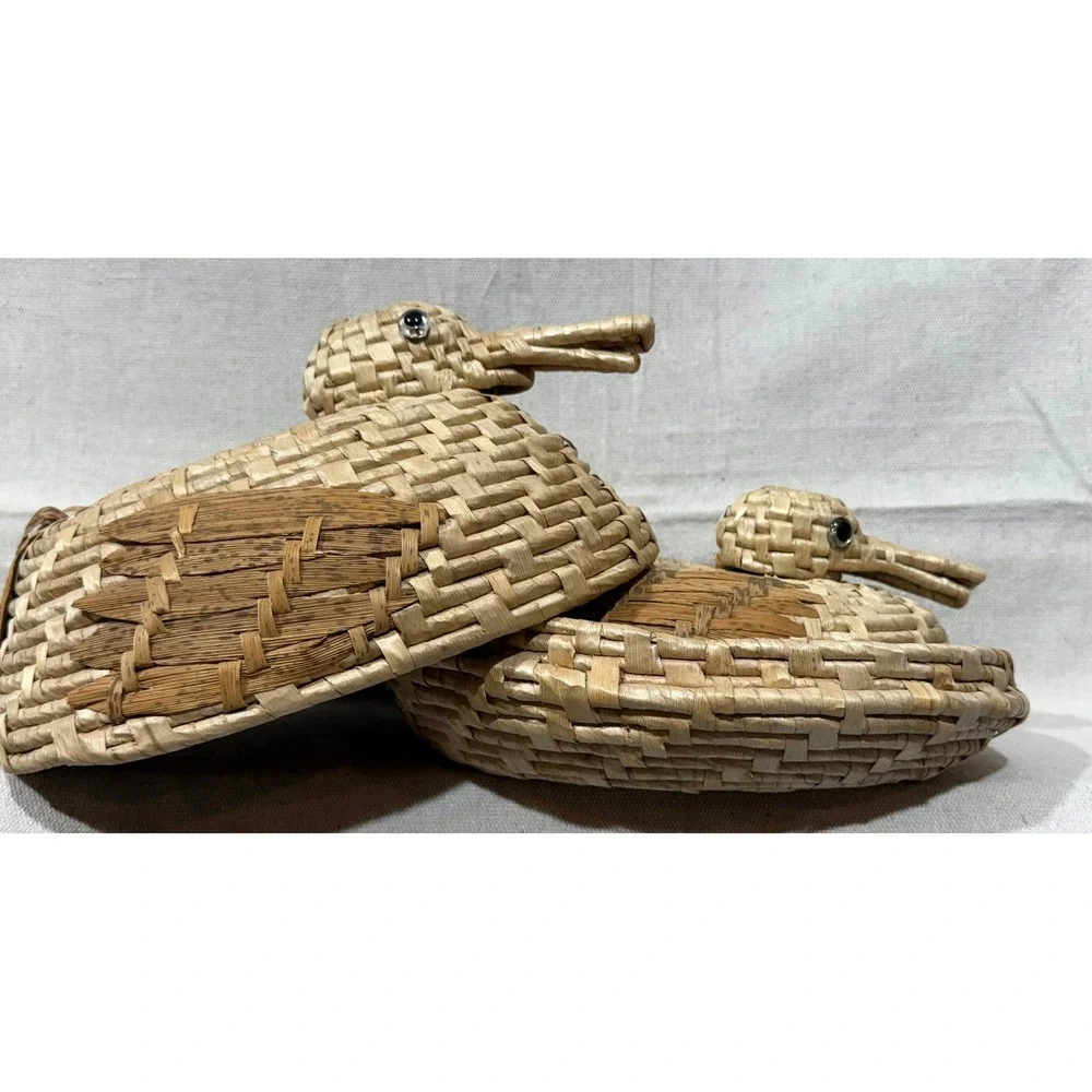 Vintage Woven Straw Duck Nesting Baskets Set of 2 Mallard Figurines with Lids